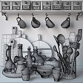 Rustic Wooden Kitchen Utensils Collection With Hanging Cups Cutting Boards And Spoons On Wood Wall