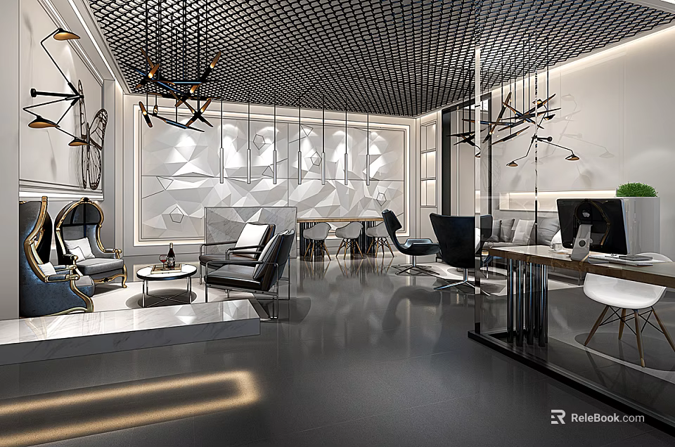 Modern Lounge Area Interior Design With Comfortable Seating Coffee Table And Stylish Pendant Lights 3d model 