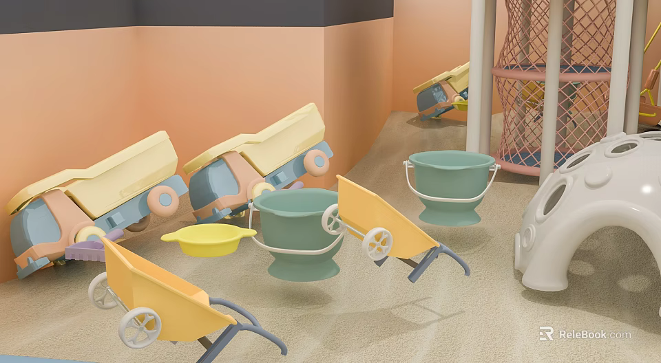 Colorful Kids Doll Playing in Sandbox with Toy Trucks Buckets and Shovels 3d model 
