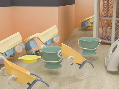 Colorful Kids Doll Playing in Sandbox with Toy Trucks Buckets and Shovels 3d model