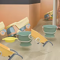 Colorful Kids Doll Playing in Sandbox with Toy Trucks Buckets and Shovels