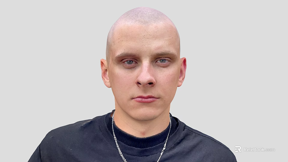 A Bald Head Man in Black Turtleneck Sweater with Silver Necklace Against Light Gray Background 3d model 