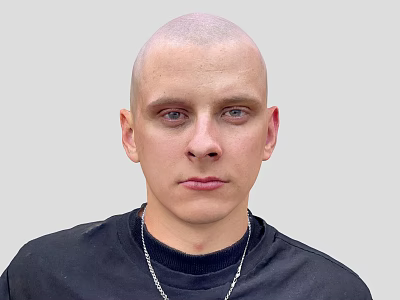 A Bald Head Man in Black Turtleneck Sweater with Silver Necklace Against Light Gray Background 3d model