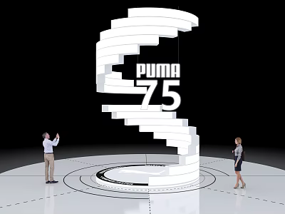 Spiral White Art Installation Featuring PUMA 75 with People Watching on Black Background Circular Floor 3d model