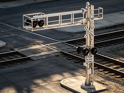 Railroad Crossing Public Facility With Signal Lights And Warning Signs 3d model