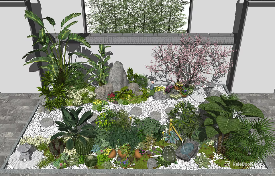Lush Courtyard Garden With Rockery Stones White Pebbles Flowering Tree Succulents And Greenery 3d model 