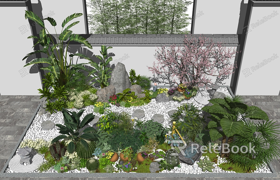 New Chinese Landscape Sketches Landscape Sketches Courtyard Garden Flowers, Shrubs, Peach Blossoms, Bamboo model