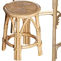 Natural Rattan Wooden Dressing Table with Round Mirror and Matching Stool