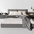 Modern Double Bed Interior With Grey Headboard White Pillows Bedside Tables And Throw Blanket 3d model