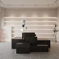 Minimalist Boutique Interior With Marble Reception Desk Geometric Decor Warm Lighting And Potted Plants