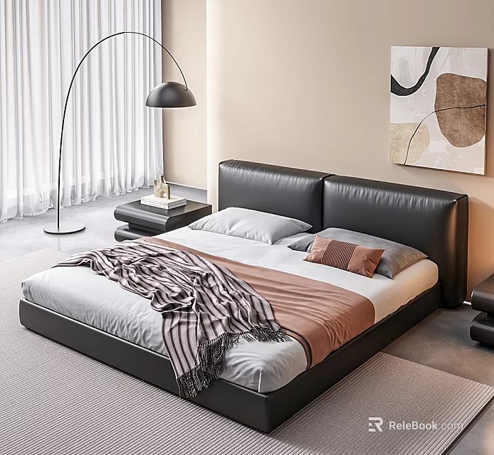 Black Leather Headboard Double Bed With Gray Brown Pillows Striped Blanket And Nightstand 3d model 