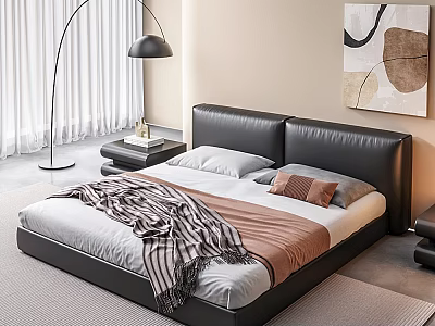 Black Leather Headboard Double Bed With Gray Brown Pillows Striped Blanket And Nightstand 3d model