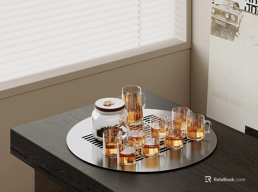 Classic Tea Set with Lidded Jar Kettle and Glass Cups on Round Tray Dark Table 3d model 