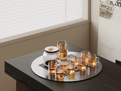 Classic Tea Set with Lidded Jar Kettle and Glass Cups on Round Tray Dark Table 3d model