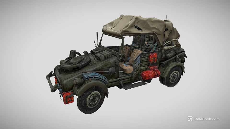 Olive Green Military Off Road Vehicle With Canvas Top And Red Components 3d model 