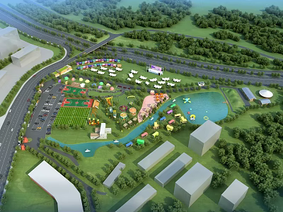 Aerial View Planning of Recreational Park With Green Spaces Water Body and Buildings 3d model