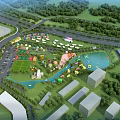 Aerial View Planning of Recreational Park With Green Spaces Water Body and Buildings