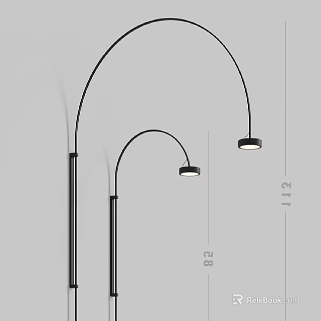 Elegant Black Arc Wall Lamp with Curved Structure and Size Indicators 3d model