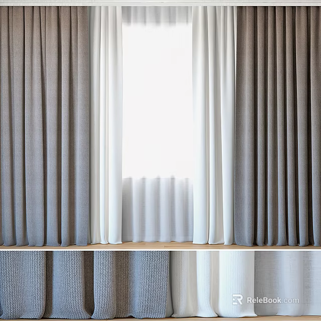 Gray and White Linen Curtains With Elegant Drapery For Window Decoration 3d model 