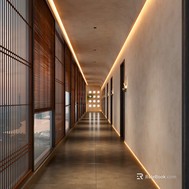 Hotel Corridor Interior With Wooden Lattice Panels Linear Light Strips And Smooth Floor 3d model 