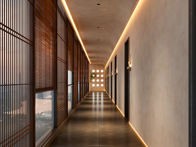 Hotel Corridor Interior With Wooden Lattice Panels Linear Light Strips And Smooth Floor 3d model