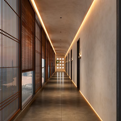 Hotel Corridor Interior With Wooden Lattice Panels Linear Light Strips And Smooth Floor 3d model