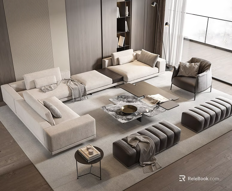 Modern Beige Sofa and Glass Top Coffee Table Set With Accent Chair and Area Rug 3d model 