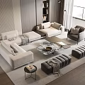 Modern Beige Sofa and Glass Top Coffee Table Set With Accent Chair and Area Rug