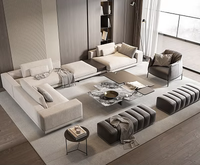 Modern Beige Sofa and Glass Top Coffee Table Set With Accent Chair and Area Rug 3d model