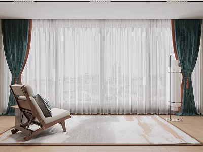 Modern Living Room Curtains With Dark Green Side Panels And White Sheer Fabric By Window 3d model