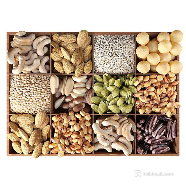 Assorted Nuts And Seeds Arranged In Wooden Tray For Healthy Snack Options 3d model 