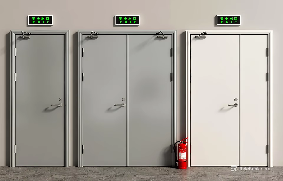 Fire Exit Doors With Green Exit Signs And Red Fire Extinguisher 3d model 