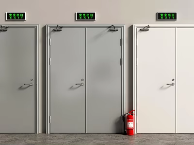 Fire Exit Doors With Green Exit Signs And Red Fire Extinguisher 3d model