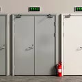Fire Exit Doors With Green Exit Signs And Red Fire Extinguisher 3d model