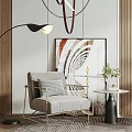 Modern Casual Sofa Set with Light Gray Upholstery Gold Legs Decorative Painting and Floor Lamp