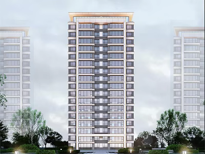 Modern High Rise Residential Building Exterior With Glass Windows And Green Trees 3d model