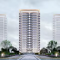 Modern High Rise Residential Building Exterior With Glass Windows And Green Trees