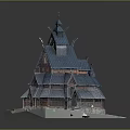 Traditional Wooden Building With Blue Roof Spires And Carved Details On Pedestal Base