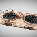 Rusty Two Burner Electric Stove With Black Heating Coils And Red Plug Power Cord
