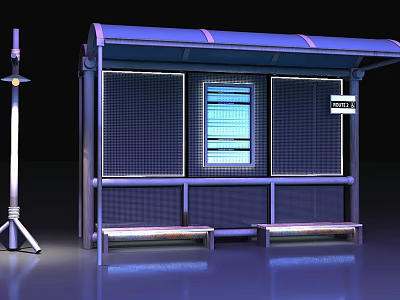 Modern Bus Stop Shelter With Blue Lighting Glass Window And Seats 3d model