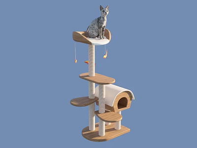 Wooden Cat Tree With Multiple Platforms Cozy Cat House And Hanging Toys For Pets 3d model