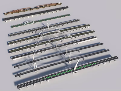 Various Modern Bridge Design Types With Arch Structures Cable Supports and Green Pathways 3d model
