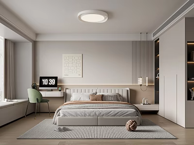 Modern Bedroom Interior Design With Bed Nightstand Lamp Desk Green Chair Decorative Art And Rug 3d model