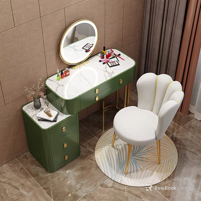 Green Dressing Table With Marble Top Round Gold Frame Mirror And White Chair 3d model 