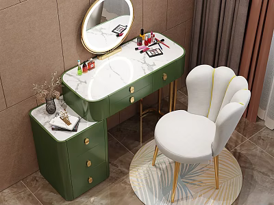 Green Dressing Table With Marble Top Round Gold Frame Mirror And White Chair 3d model