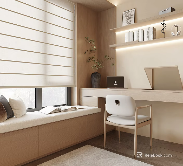 Modern Minimalist Bay Window Nook With Cushion Desk Laptop Books And Potted Plant 3d model 