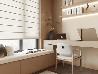Modern Minimalist Bay Window Nook With Cushion Desk Laptop Books And Potted Plant 3d model