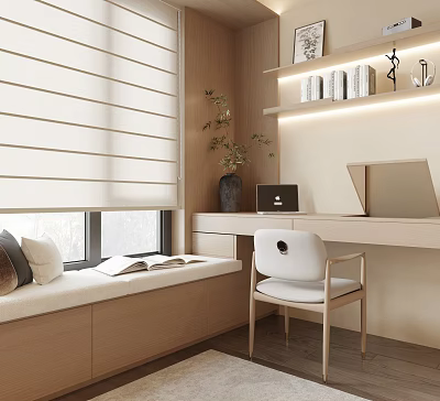 Modern Minimalist Bay Window Nook With Cushion Desk Laptop Books And Potted Plant 3d model