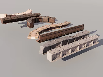 Architectural Building Components In Various Curved Straight Shapes With Wooden Brown Light Tones 3d model