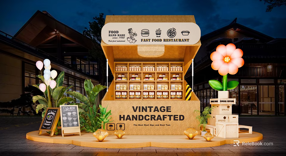 Vintage Handcrafted Fast Food Restaurant Commercial Outdoor Setup With Green Plants Decorative Flower And Chalkboard 3d model 